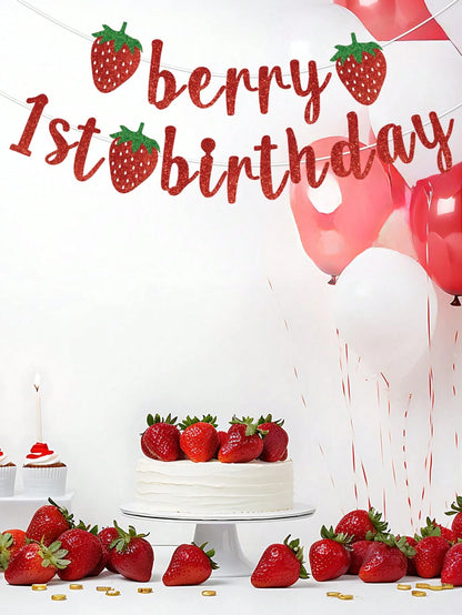 1pc Strawberry Theme 1st Birthday Paper Banner, Happy Birthday Hanging Banner, Strawberry Theme Birthday Decor, Baby Shower Party Decor, Gender Reveal Party Supplies, 1st Birthday Party Supplies, Boy