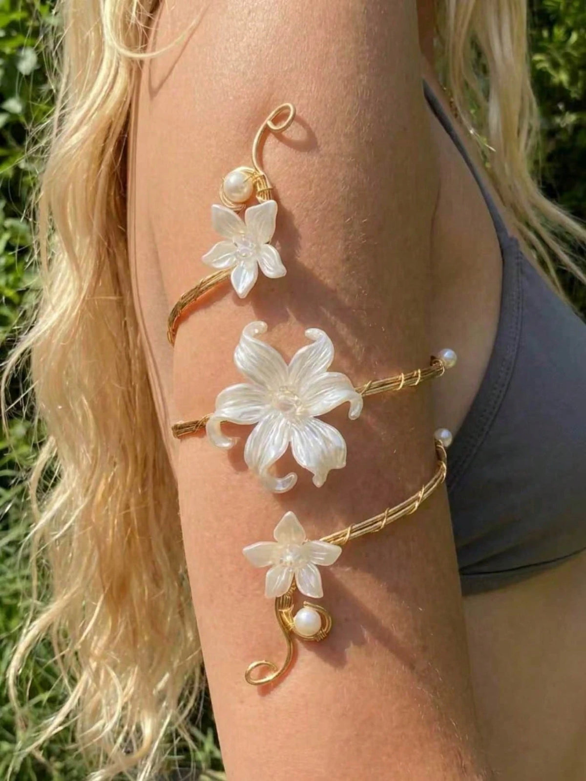 1pc Summer Fashion Floral Arm Chain, Exaggerated Geometric Open Metal Bracelet Armband, Suitable For Vacation, Party, Gathering, Boho Chic