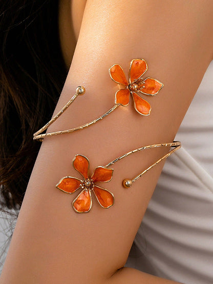 1pc Summer Fashion Floral Arm Chain, Exaggerated Geometric Open Metal Bracelet Armband, Suitable For Vacation, Party, Gathering, Boho Chic