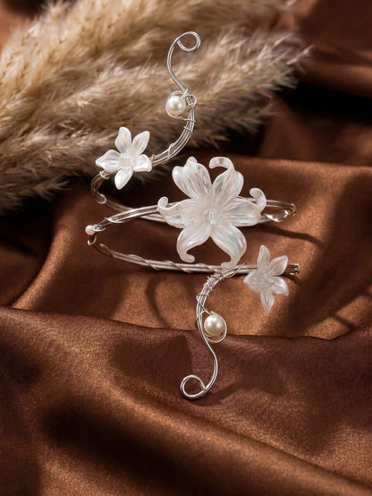 1pc Summer Fashion Floral Arm Chain, Exaggerated Geometric Open Metal Bracelet Armband, Suitable For Vacation, Party, Gathering, Boho Chic