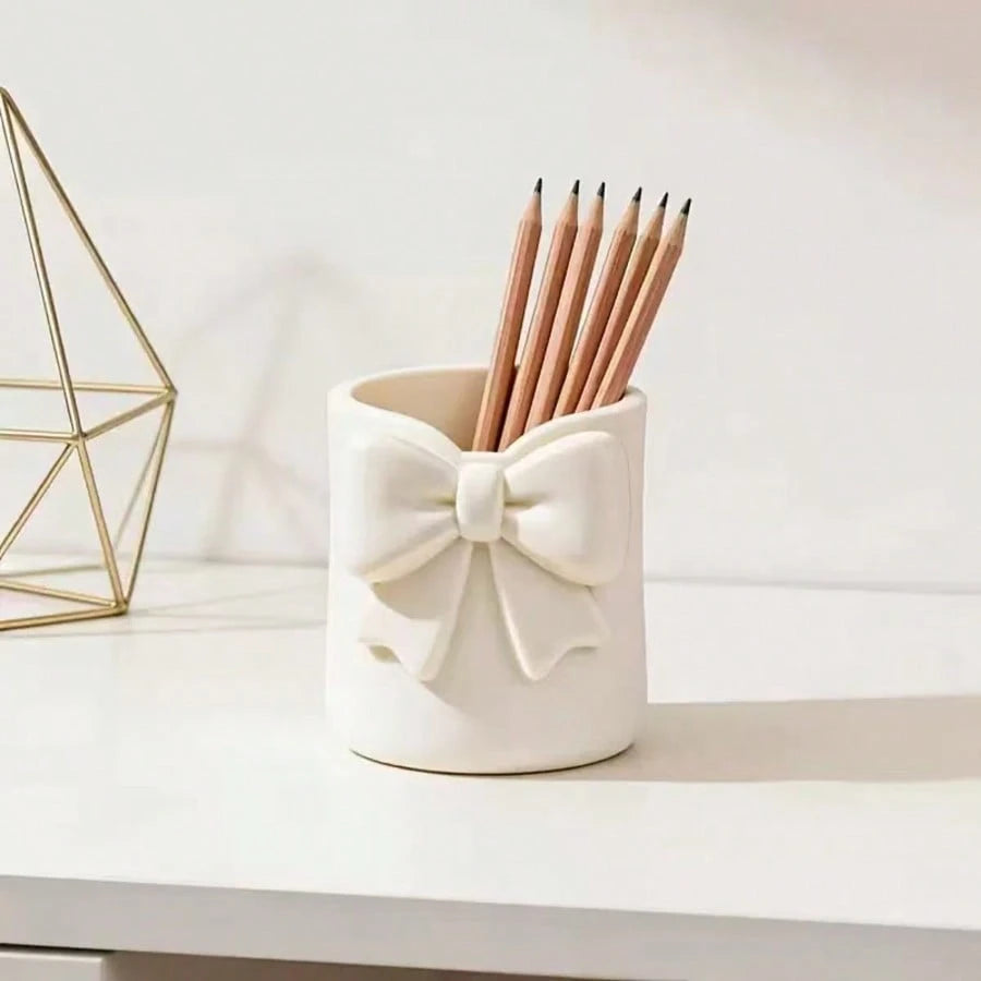 1pc Sweet Bow Single Compartment Makeup Brush Holder, Cream Style Desktop Cosmetic Storage Box, Pen Holder Storage, Easy Access, High Aesthetic Decorative