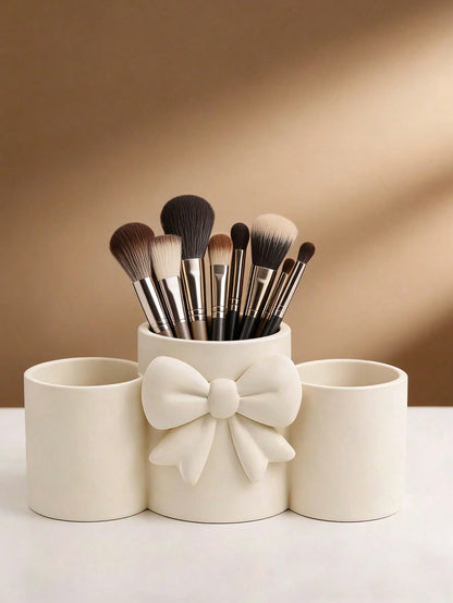 1pc Sweet Bow Single Compartment Makeup Brush Holder, Cream Style Desktop Cosmetic Storage Box, Pen Holder Storage, Easy Access, High Aesthetic Decorative