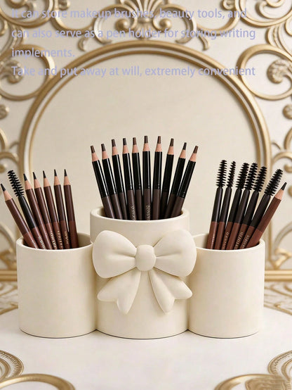 1pc Sweet Bow Single Compartment Makeup Brush Holder, Cream Style Desktop Cosmetic Storage Box, Pen Holder Storage, Easy Access, High Aesthetic Decorative