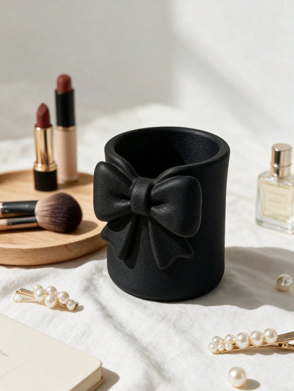 1pc Sweet Bow Single Compartment Makeup Brush Holder, Cream Style Desktop Cosmetic Storage Box, Pen Holder Storage, Easy Access, High Aesthetic Decorative