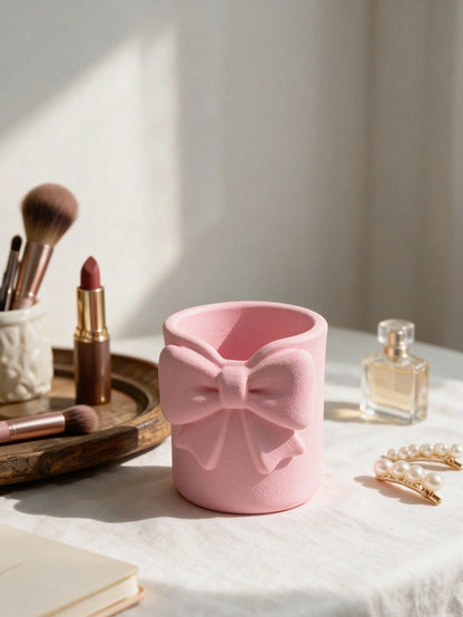 1pc Sweet Bow Single Compartment Makeup Brush Holder, Cream Style Desktop Cosmetic Storage Box, Pen Holder Storage, Easy Access, High Aesthetic Decorative