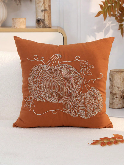 1pc Thanksgiving Orange Pumpkin Embroidered Pillow Case, Suitable For Indoor Decoration, Thanksgiving Decor, All Season Pillow Case, Without Insert