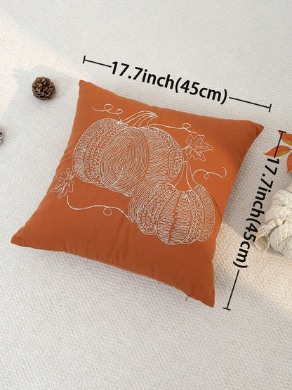 1pc Thanksgiving Orange Pumpkin Embroidered Pillow Case, Suitable For Indoor Decoration, Thanksgiving Decor, All Season Pillow Case, Without Insert