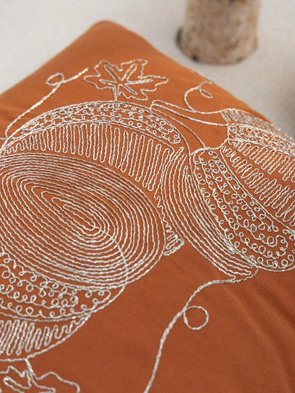 1pc Thanksgiving Orange Pumpkin Embroidered Pillow Case, Suitable For Indoor Decoration, Thanksgiving Decor, All Season Pillow Case, Without Insert