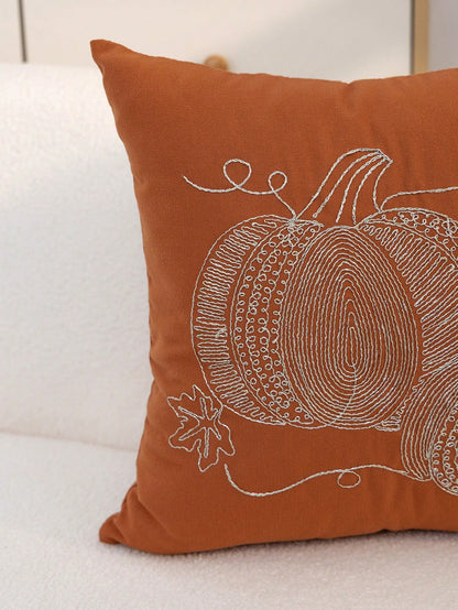 1pc Thanksgiving Orange Pumpkin Embroidered Pillow Case, Suitable For Indoor Decoration, Thanksgiving Decor, All Season Pillow Case, Without Insert