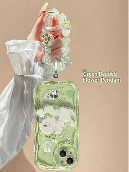1pc Transparent Green Base Light-Transmitting Luxury Fashion Asymmetric UV Painted Flower Dog Letter Heart Pattern Raised Edge Anti-Drop Phone Case Compatible With Apple Phone 17 16 15 14 13 12, S26 P