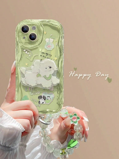 1pc Transparent Green Base Light-Transmitting Luxury Fashion Asymmetric UV Painted Flower Dog Letter Heart Pattern Raised Edge Anti-Drop Phone Case Compatible With Apple Phone 17 16 15 14 13 12, S26 P
