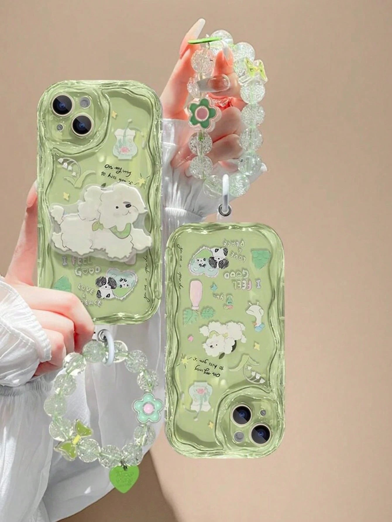 1pc Transparent Green Base Light-Transmitting Luxury Fashion Asymmetric UV Painted Flower Dog Letter Heart Pattern Raised Edge Anti-Drop Phone Case Compatible With Apple Phone 17 16 15 14 13 12, S26 P
