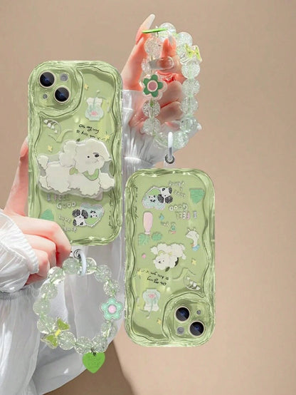 1pc Transparent Green Base Light-Transmitting Luxury Fashion Asymmetric UV Painted Flower Dog Letter Heart Pattern Raised Edge Anti-Drop Phone Case Compatible With Apple Phone 17 16 15 14 13 12, S26 P