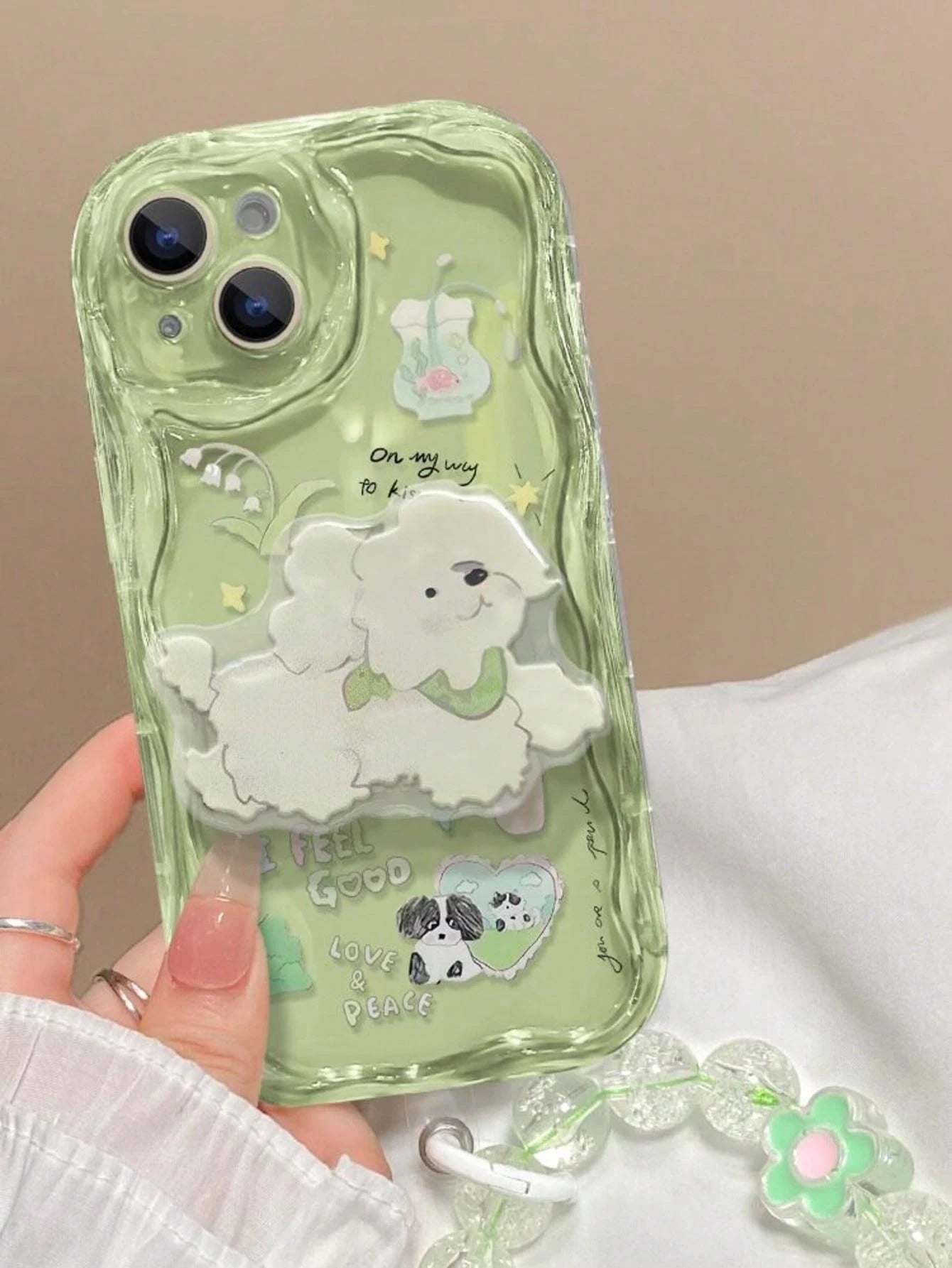 1pc Transparent Green Base Light-Transmitting Luxury Fashion Asymmetric UV Painted Flower Dog Letter Heart Pattern Raised Edge Anti-Drop Phone Case Compatible With Apple Phone 17 16 15 14 13 12, S26 P