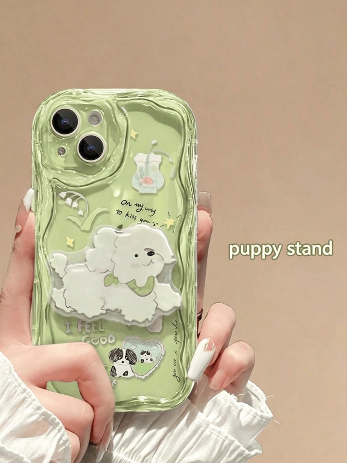 1pc Transparent Green Base Light-Transmitting Luxury Fashion Asymmetric UV Painted Flower Dog Letter Heart Pattern Raised Edge Anti-Drop Phone Case Compatible With Apple Phone 17 16 15 14 13 12, S26 P