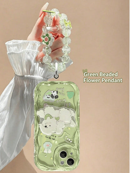 1pc Transparent Green Base Light-Transmitting Luxury Fashion Asymmetric UV Painted Flower Dog Letter Heart Pattern Raised Edge Anti-Drop Phone Case Compatible With Apple Phone 17 16 15 14 13 12, S26 P