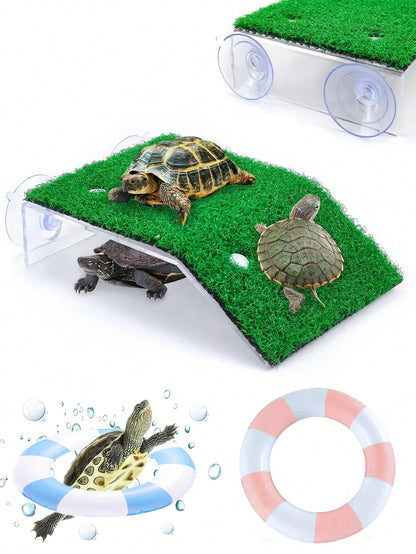 1pc Turtle Sunbathing Floating Island With Artificial Grass Platform- Turtle Tank/ Fish Tank Decoration Reptile Accessories Mini Swimming Ring Suitable For Brazilian Squirrel/ Water Turtle/ Land T