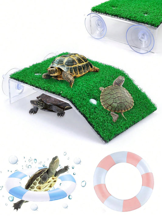 1pc Turtle Sunbathing Floating Island With Artificial Grass Platform- Turtle Tank/ Fish Tank Decoration Reptile Accessories Mini Swimming Ring Suitable For Brazilian Squirrel/ Water Turtle/ Land T