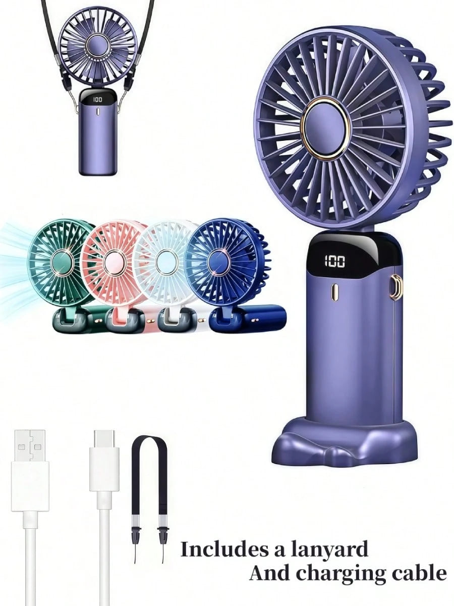 1pc Ultra Portable Mini Handheld Electric Fan, USB Rechargeable Portable Fan, 5 Speed Settings, Digital Display, Halter, Foldable With Base Desktop Fan, Suitable For Summer Office, Beach, Dorm, Outdoo