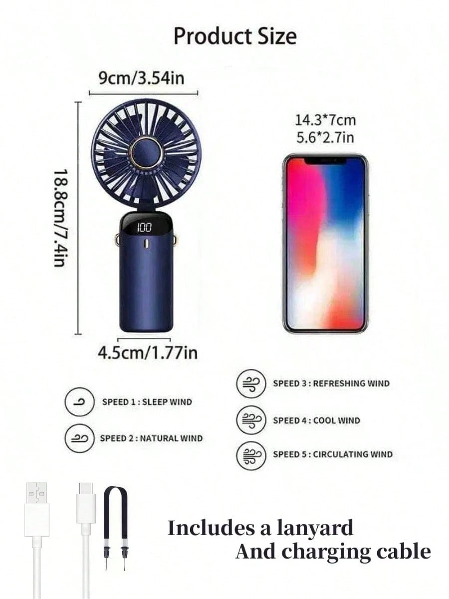 1pc Ultra Portable Mini Handheld Electric Fan, USB Rechargeable Portable Fan, 5 Speed Settings, Digital Display, Halter, Foldable With Base Desktop Fan, Suitable For Summer Office, Beach, Dorm, Outdoo