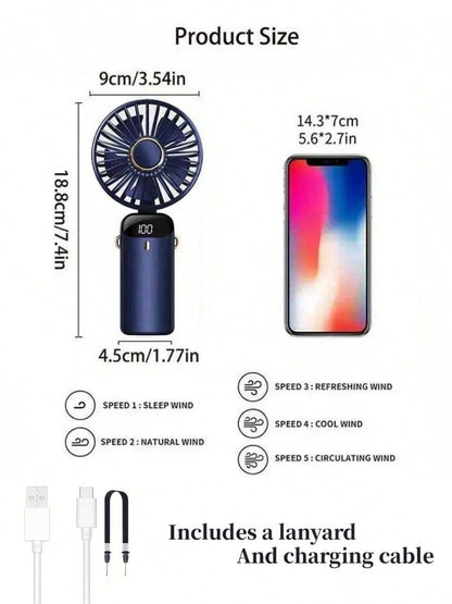 1pc Ultra Portable Mini Handheld Electric Fan, USB Rechargeable Portable Fan, 5 Speed Settings, Digital Display, Halter, Foldable With Base Desktop Fan, Suitable For Summer Office, Beach, Dorm, Outdoo