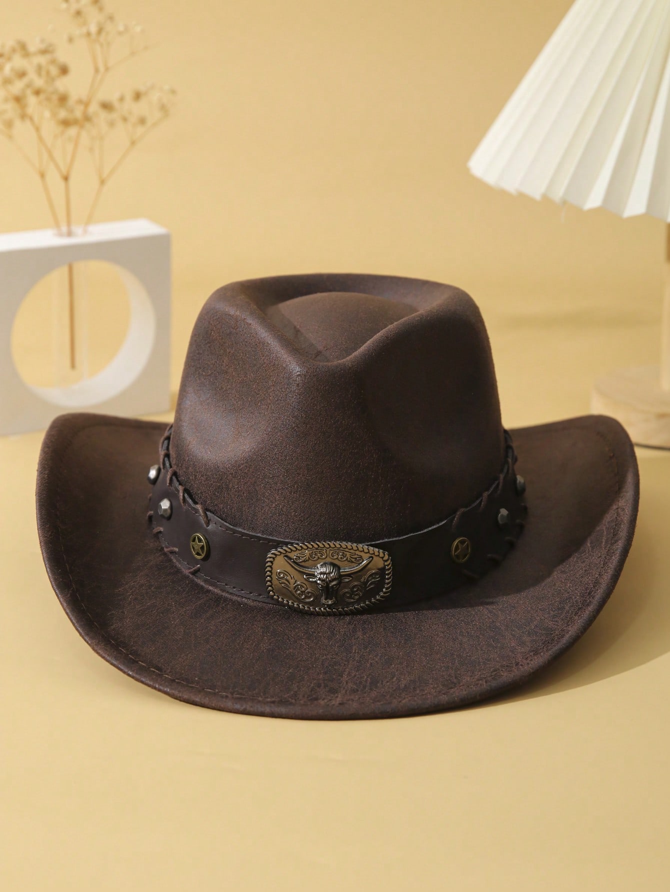 1pc Unisex Cattle Head & Belt Decor Handmade Panama Hat Wide Brim Cowboy Hat PU Cowgirl Hat Western Suitable Soft Felt Hat Fedora Hat