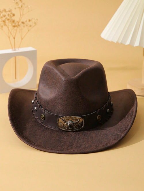 1pc Unisex Cattle Head & Belt Decor Handmade Panama Hat Wide Brim Cowboy Hat PU Cowgirl Hat Western Suitable Soft Felt Hat Fedora Hat