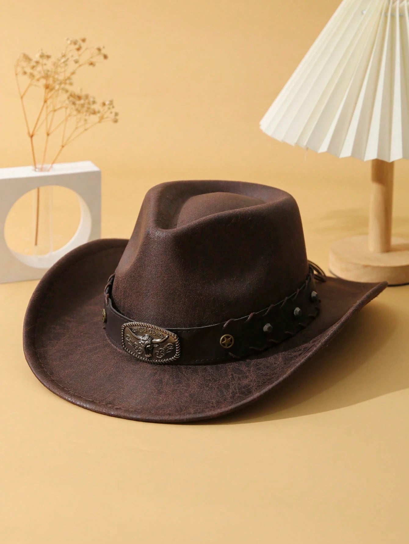 1pc Unisex Cattle Head & Belt Decor Handmade Panama Hat Wide Brim Cowboy Hat PU Cowgirl Hat Western Suitable Soft Felt Hat Fedora Hat
