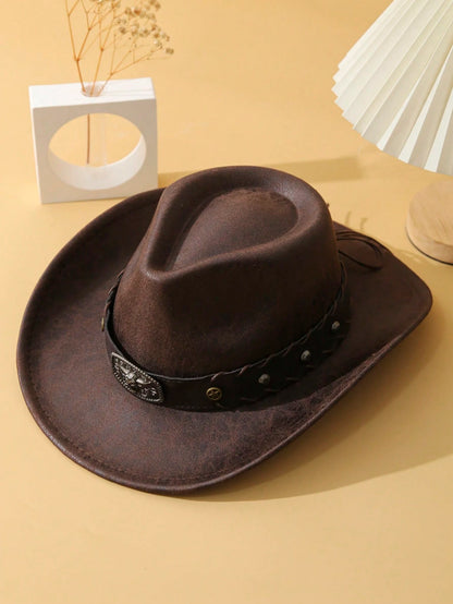 1pc Unisex Cattle Head & Belt Decor Handmade Panama Hat Wide Brim Cowboy Hat PU Cowgirl Hat Western Suitable Soft Felt Hat Fedora Hat