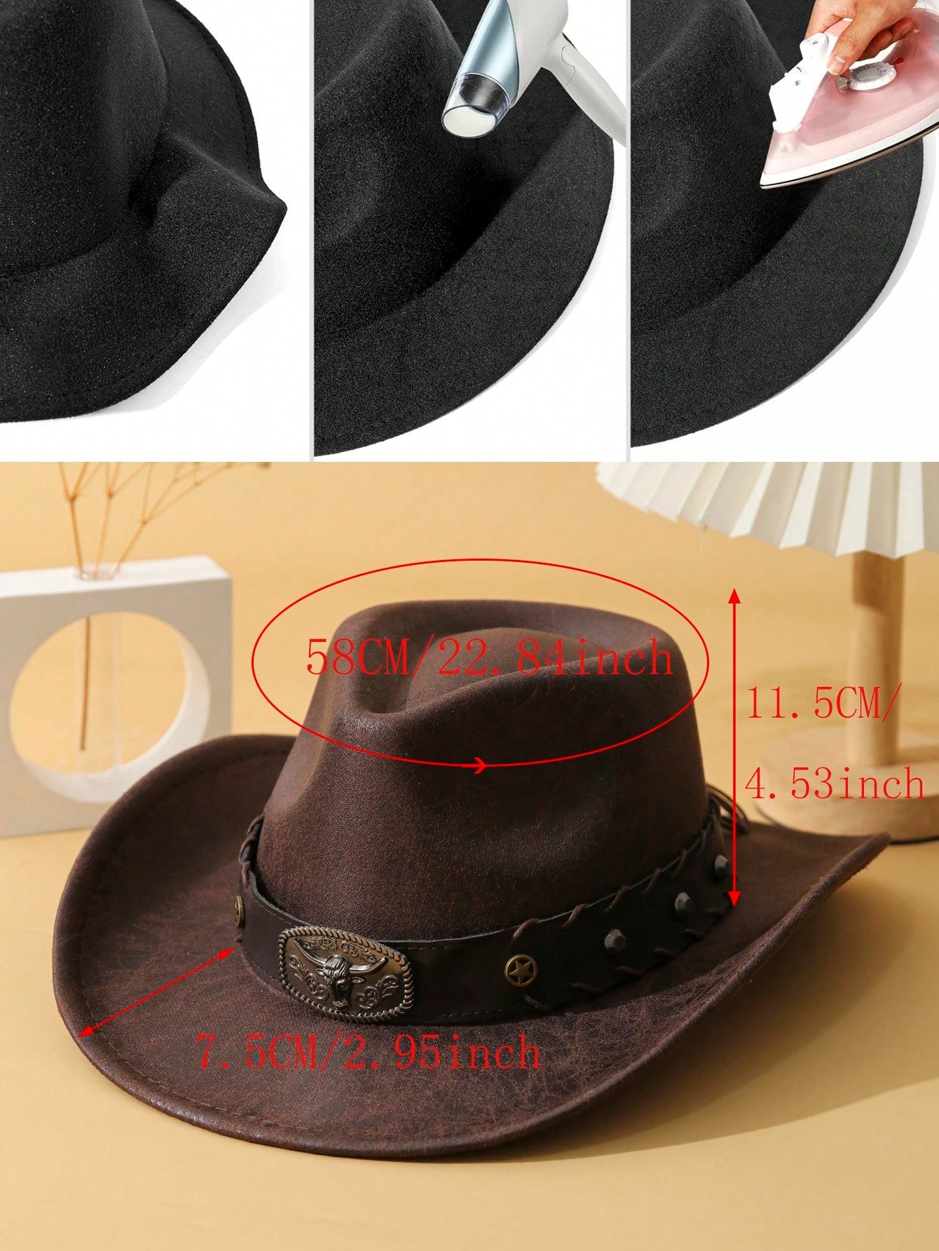 1pc Unisex Cattle Head & Belt Decor Handmade Panama Hat Wide Brim Cowboy Hat PU Cowgirl Hat Western Suitable Soft Felt Hat Fedora Hat