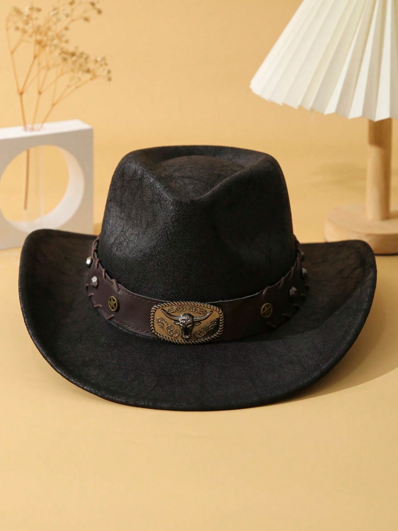 1pc Unisex Cattle Head & Belt Decor Handmade Panama Hat Wide Brim Cowboy Hat PU Cowgirl Hat Western Suitable Soft Felt Hat Fedora Hat