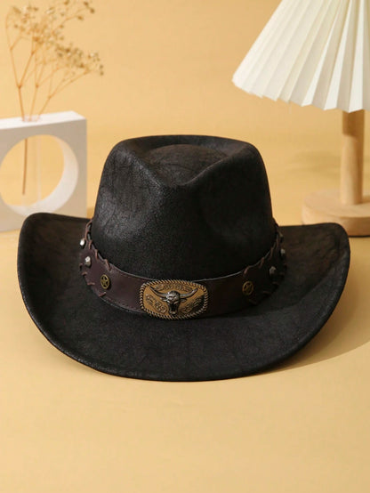 1pc Unisex Cattle Head & Belt Decor Handmade Panama Hat Wide Brim Cowboy Hat PU Cowgirl Hat Western Suitable Soft Felt Hat Fedora Hat