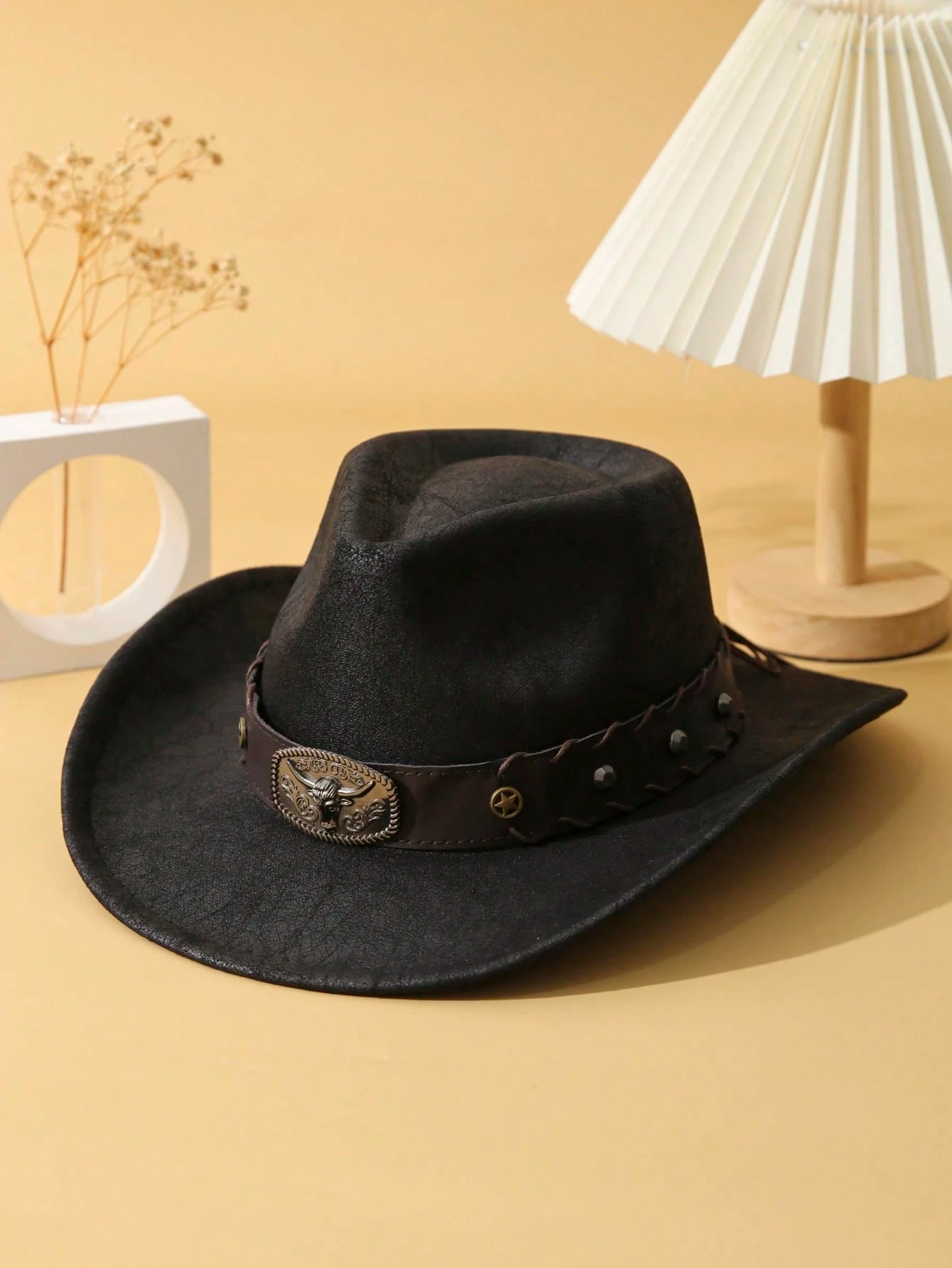 1pc Unisex Cattle Head & Belt Decor Handmade Panama Hat Wide Brim Cowboy Hat PU Cowgirl Hat Western Suitable Soft Felt Hat Fedora Hat