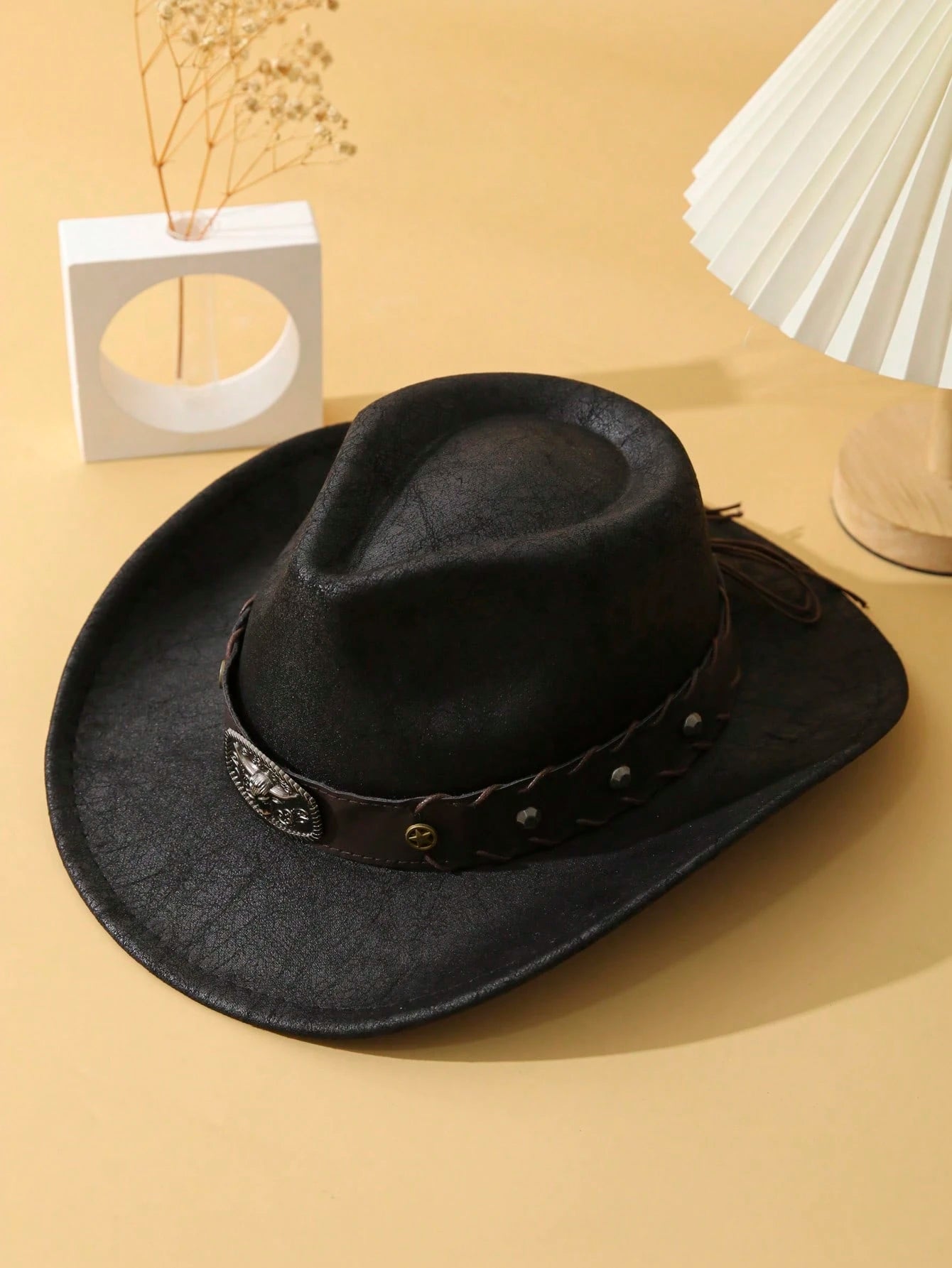 1pc Unisex Cattle Head & Belt Decor Handmade Panama Hat Wide Brim Cowboy Hat PU Cowgirl Hat Western Suitable Soft Felt Hat Fedora Hat