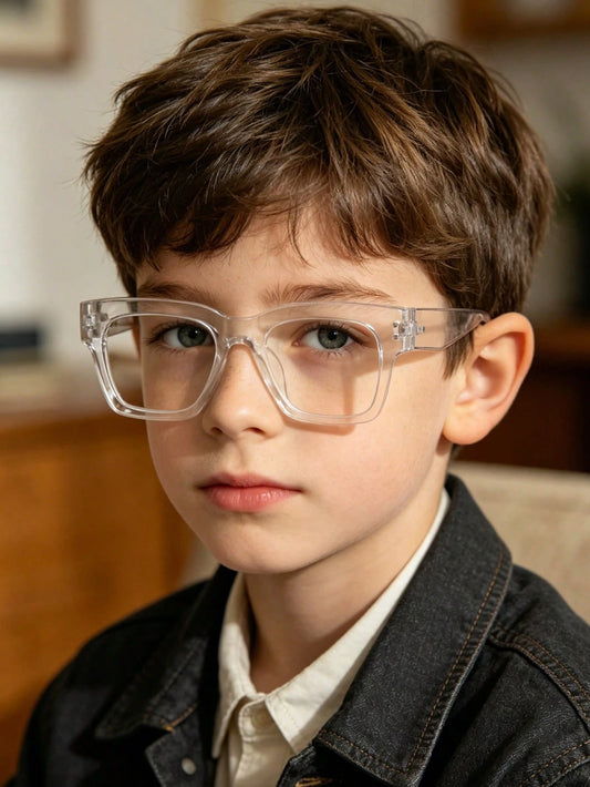 1pc Unisex Kids 6-12 Years Old Classic Casual Square Eyeglass Frames, Transparent And Black Polycarbonate Frames With Clear Lenses, Lightweight And Pressure-Free, Suitable For Daily School Wear, Inclu