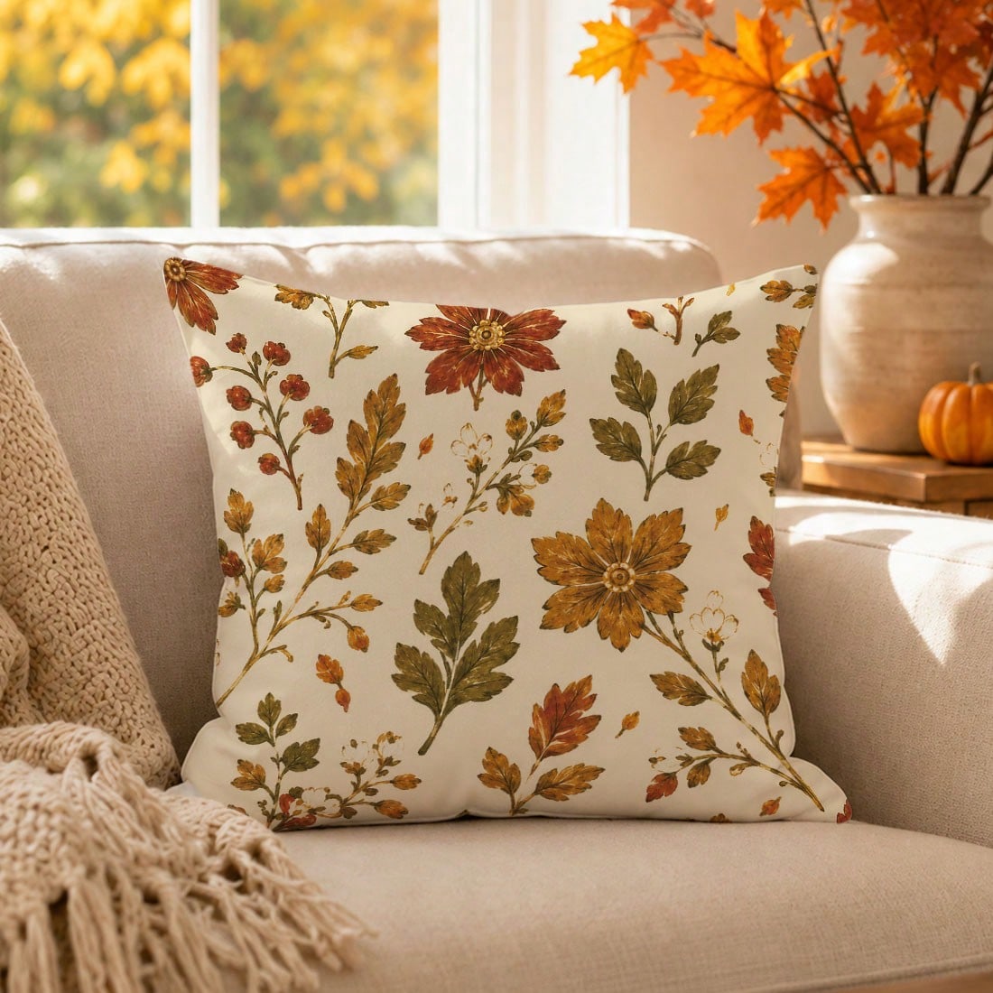 1pc Vintage Autumn Botanical Floral Cushion Cover, Single-Sided Printed Peach Skin Velvet Polyester Material, 45*45CM/18*18inch Pillowcase Suitable For Room Decor, Modern Minimalist Sofa Living Room D