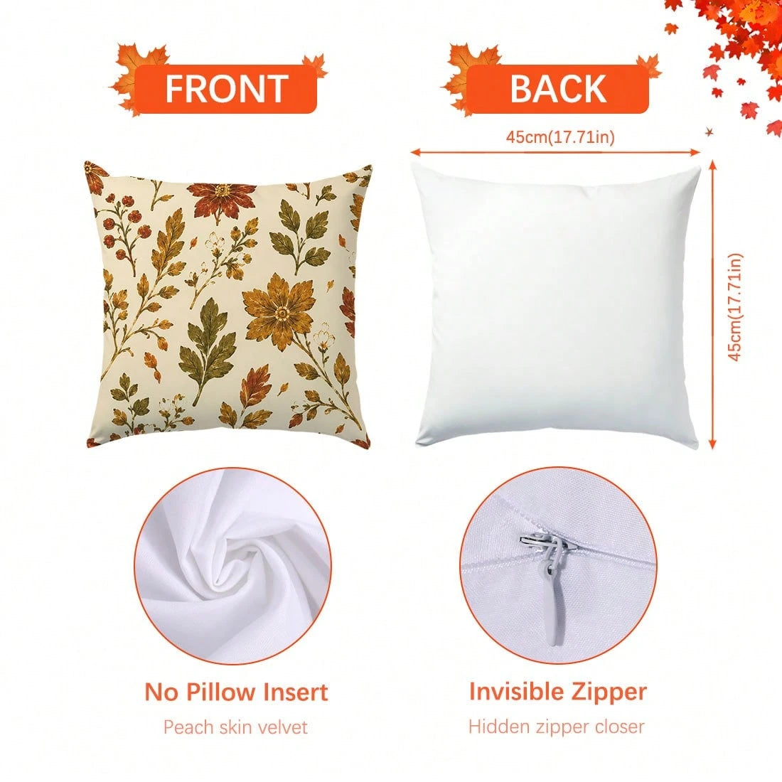 1pc Vintage Autumn Botanical Floral Cushion Cover, Single-Sided Printed Peach Skin Velvet Polyester Material, 45*45CM/18*18inch Pillowcase Suitable For Room Decor, Modern Minimalist Sofa Living Room D