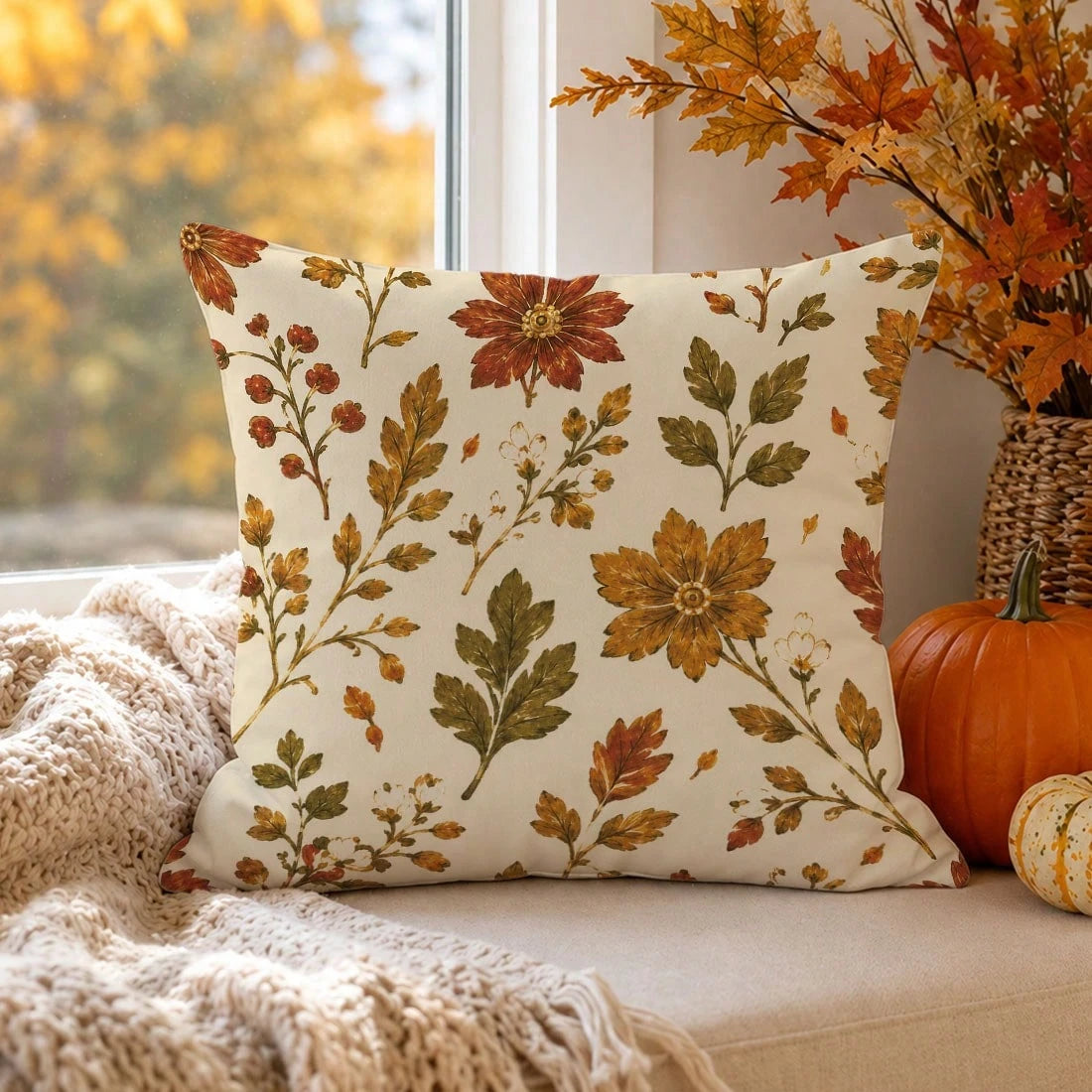 1pc Vintage Autumn Botanical Floral Cushion Cover, Single-Sided Printed Peach Skin Velvet Polyester Material, 45*45CM/18*18inch Pillowcase Suitable For Room Decor, Modern Minimalist Sofa Living Room D