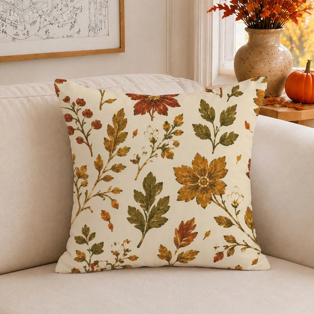 1pc Vintage Autumn Botanical Floral Cushion Cover, Single-Sided Printed Peach Skin Velvet Polyester Material, 45*45CM/18*18inch Pillowcase Suitable For Room Decor, Modern Minimalist Sofa Living Room D