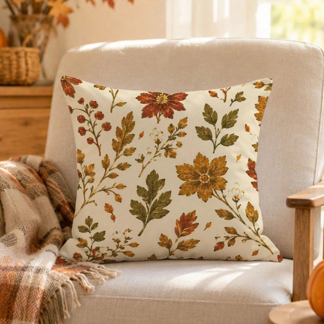 1pc Vintage Autumn Botanical Floral Cushion Cover, Single-Sided Printed Peach Skin Velvet Polyester Material, 45*45CM/18*18inch Pillowcase Suitable For Room Decor, Modern Minimalist Sofa Living Room D