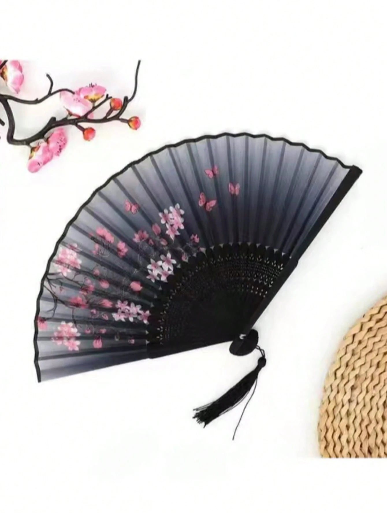 1pc Vintage Bamboo Folding Fan, Cherry Blossom Pattern, Black To Purple Gradient, Tassel Decoration, Traditional Hanfu Dance Fan Accessory, Women's Portable Fan, Decorative Gift, Suitable For Graduati
