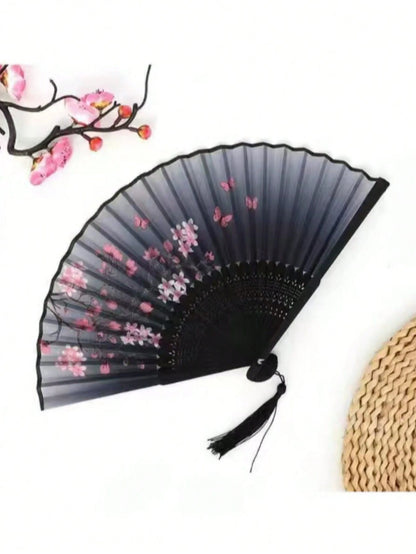 1pc Vintage Bamboo Folding Fan, Cherry Blossom Pattern, Black To Purple Gradient, Tassel Decoration, Traditional Hanfu Dance Fan Accessory, Women's Portable Fan, Decorative Gift, Suitable For Graduati