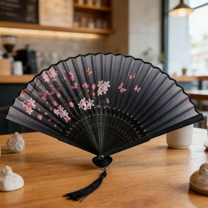 1pc Vintage Bamboo Folding Fan, Cherry Blossom Pattern, Black To Purple Gradient, Tassel Decoration, Traditional Hanfu Dance Fan Accessory, Women's Portable Fan, Decorative Gift, Suitable For Graduati