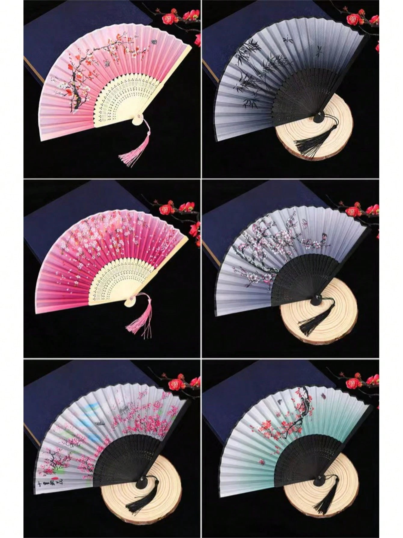 1pc Vintage Bamboo Folding Fan, Cherry Blossom Pattern, Black To Purple Gradient, Tassel Decoration, Traditional Hanfu Dance Fan Accessory, Women's Portable Fan, Decorative Gift, Suitable For Graduati
