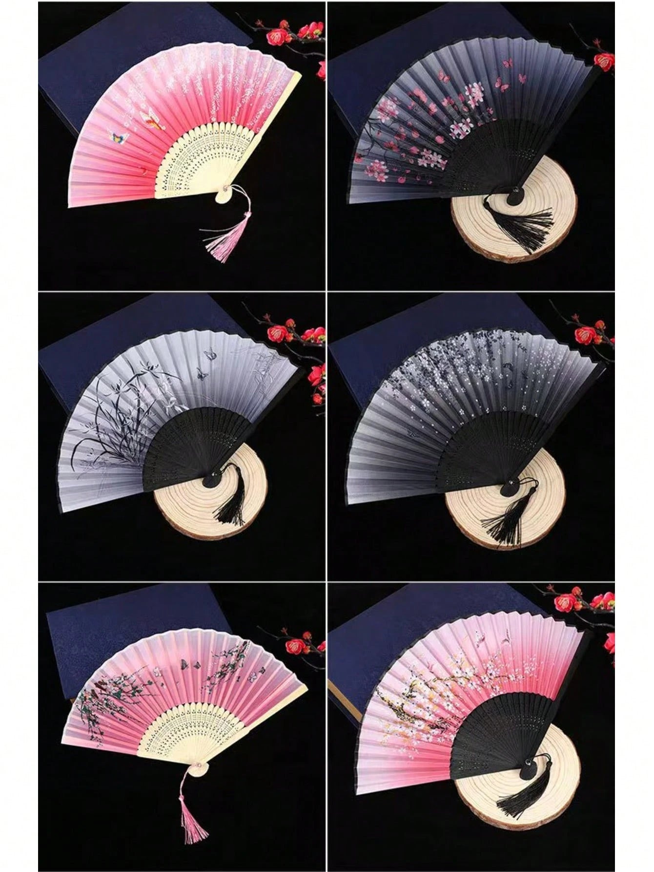 1pc Vintage Bamboo Folding Fan, Cherry Blossom Pattern, Black To Purple Gradient, Tassel Decoration, Traditional Hanfu Dance Fan Accessory, Women's Portable Fan, Decorative Gift, Suitable For Graduati