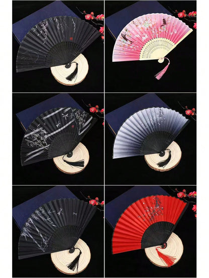 1pc Vintage Bamboo Folding Fan, Cherry Blossom Pattern, Black To Purple Gradient, Tassel Decoration, Traditional Hanfu Dance Fan Accessory, Women's Portable Fan, Decorative Gift, Suitable For Graduati