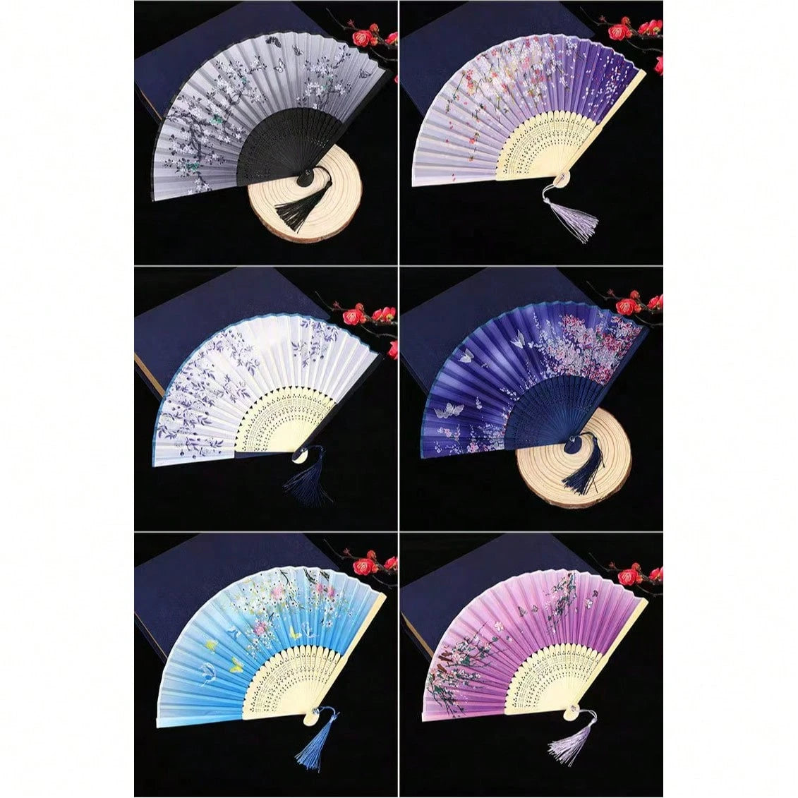 1pc Vintage Bamboo Folding Fan, Cherry Blossom Pattern, Black To Purple Gradient, Tassel Decoration, Traditional Hanfu Dance Fan Accessory, Women's Portable Fan, Decorative Gift, Suitable For Graduati