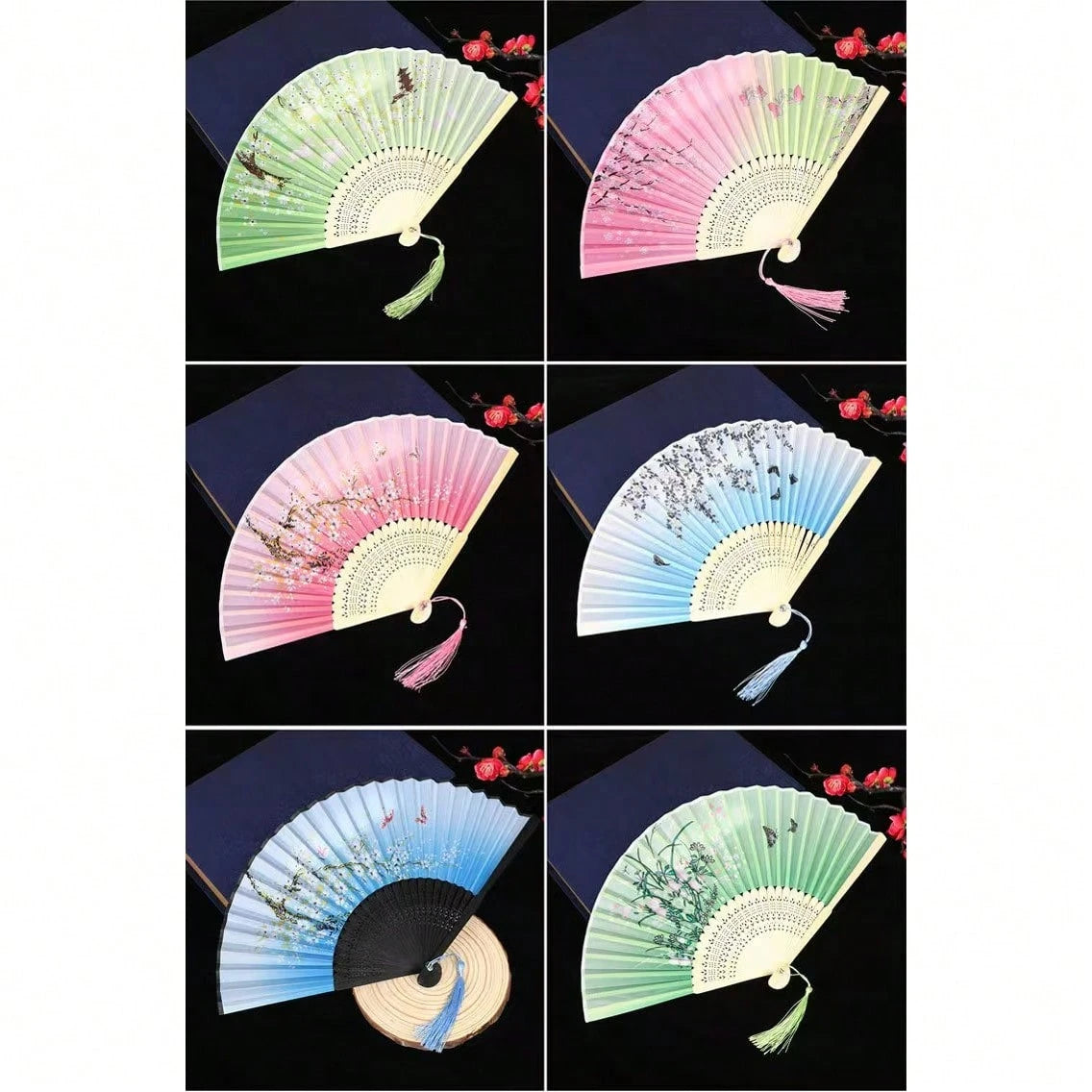 1pc Vintage Bamboo Folding Fan, Cherry Blossom Pattern, Black To Purple Gradient, Tassel Decoration, Traditional Hanfu Dance Fan Accessory, Women's Portable Fan, Decorative Gift, Suitable For Graduati