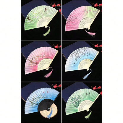 1pc Vintage Bamboo Folding Fan, Cherry Blossom Pattern, Black To Purple Gradient, Tassel Decoration, Traditional Hanfu Dance Fan Accessory, Women's Portable Fan, Decorative Gift, Suitable For Graduati