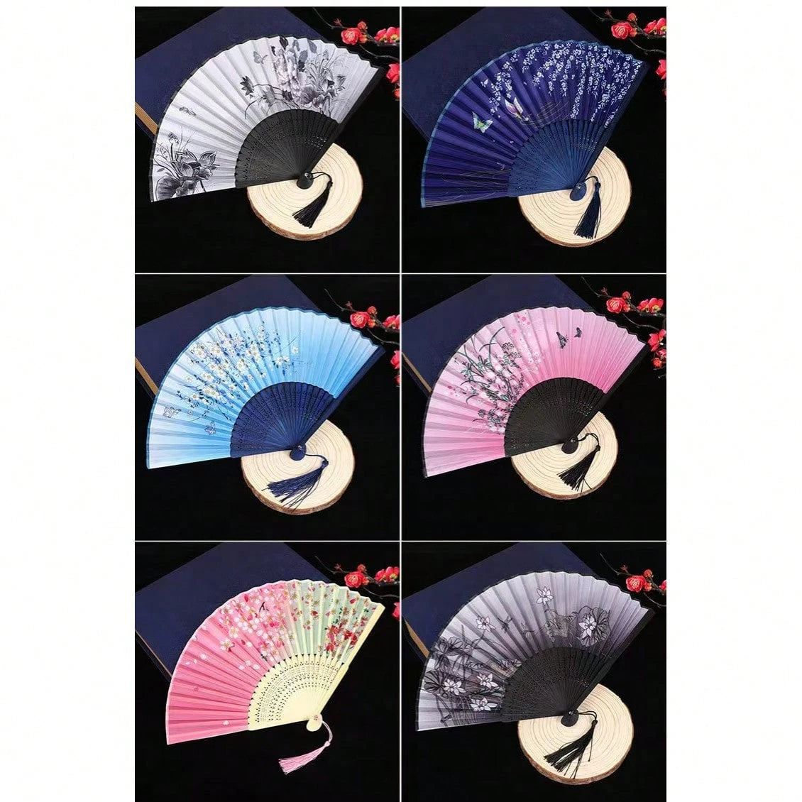 1pc Vintage Bamboo Folding Fan, Cherry Blossom Pattern, Black To Purple Gradient, Tassel Decoration, Traditional Hanfu Dance Fan Accessory, Women's Portable Fan, Decorative Gift, Suitable For Graduati
